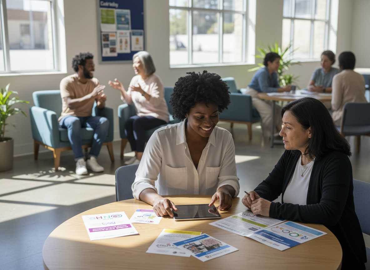 A Black female social worker seated beside a Hispanic woman reviewing community resources at a table in a bright welcoming community center, with other diverse individuals visible in the background receiving peer support.