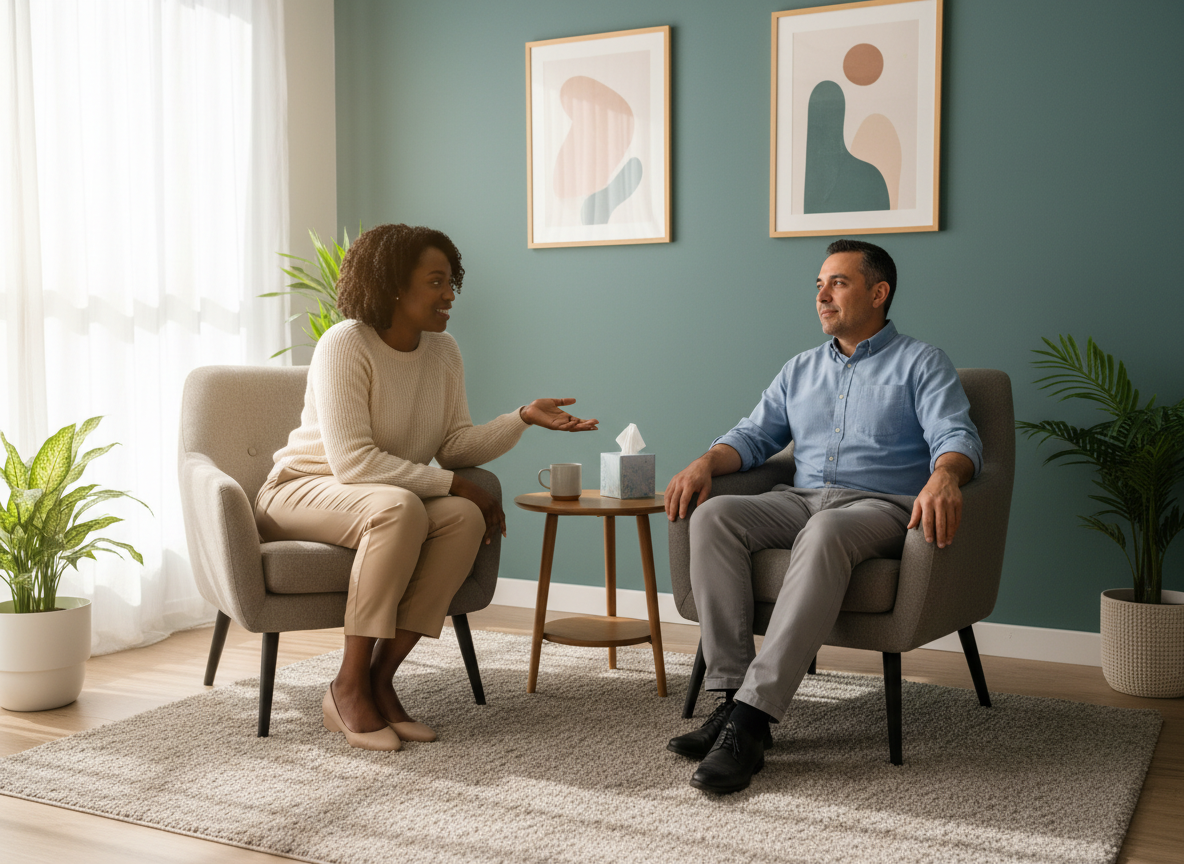 A warm therapy session between a Black female therapist and a Latino male client in a calming clinical office