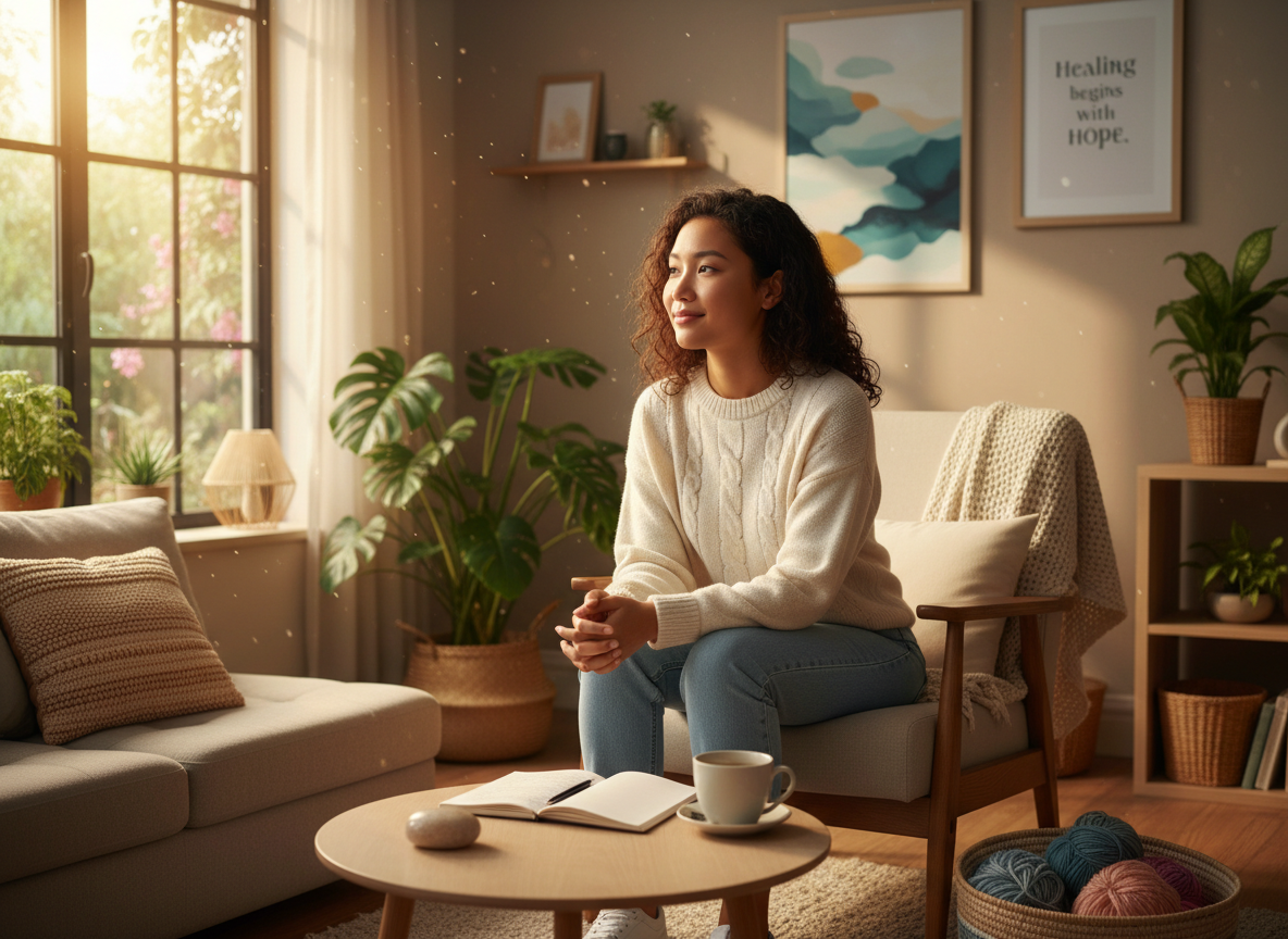 A hopeful young multiracial woman sitting peacefully in a welcoming therapy space, representing recovery and healing