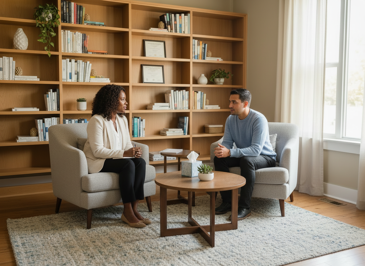 A small, diverse group of people in a professional behavioral health clinical setting. A Black female therapist and a Latino male client in a warm, modern therapy office. Soft natural lighting, neutral tones, comfortable seating. Conveys trust, inclusion, and professional care. Photorealistic style.