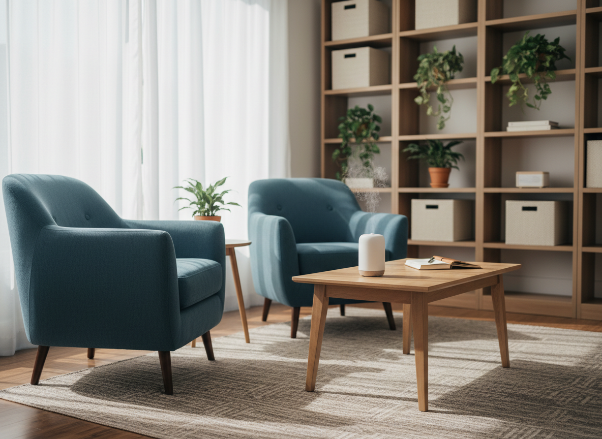 A serene, thoughtfully arranged counseling office without any people, featuring a pair of plush, slate-blue armchairs facing each other with a low, light-oak table between them. A small ceramic diffuser and a neatly stacked journal rest on the tabletop. Large bookshelves along the wall hold textured storage boxes and plants instead of visible titles. Soft, diffused daylight enters through a tall window with sheer white curtains, casting gentle, elongated shadows across a neutral woven rug. Photographic realism at eye level, using a shallow depth of field so the foreground chair is in crisp focus while the background softly blurs, creating a calm, trustworthy, and professional atmosphere for mental health support.