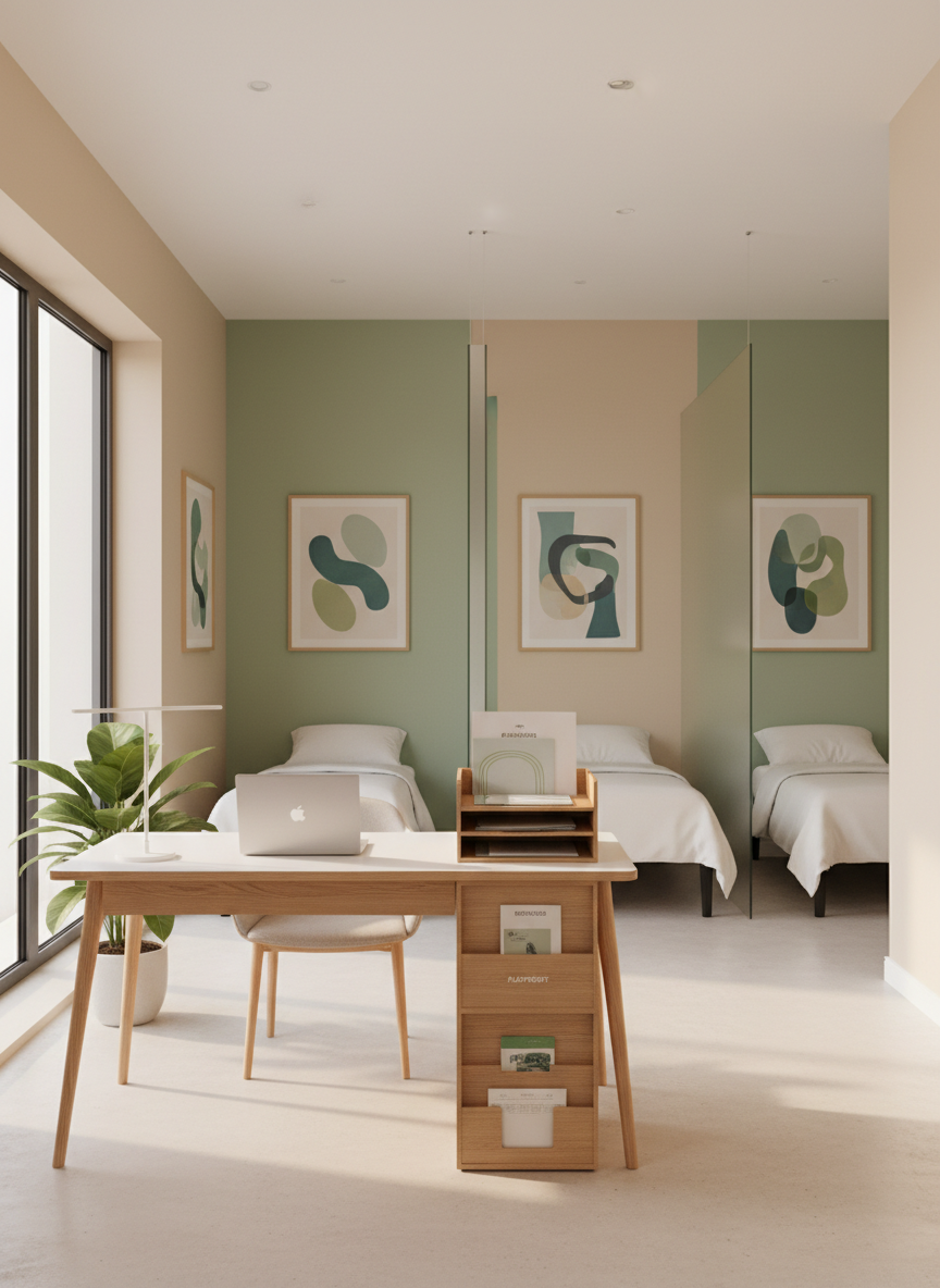 A bright, modern wellness lounge representing transitional housing support, with neatly made beds partially visible in the background behind frosted glass partitions, avoiding any sense of occupancy. In the foreground, a tidy workstation holds a closed laptop, a simple desk lamp, and an organized folder tray symbolizing resources and planning. Walls are painted in soft sage and warm beige, accented by framed abstract art with gentle curves. Afternoon natural light filters in from a wide window, creating soft highlights along clean lines. Photographic realism from a wide-angle perspective, capturing the entire room with sharp focus, conveying stability, safety, and structured support on a mental health journey.
