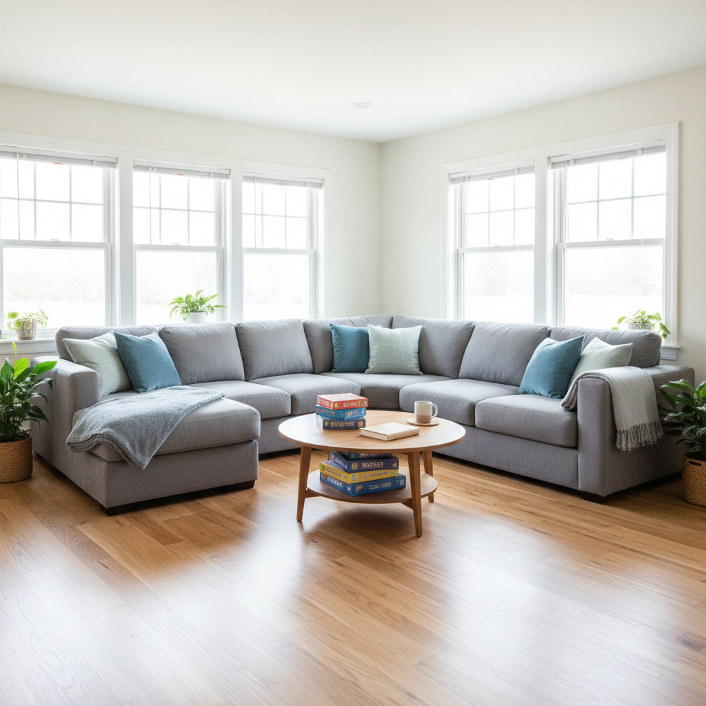 A peaceful shared living area symbolizing supportive transitional housing, with an inviting gray sectional sofa arranged around a low, round wooden coffee table. On the table, there are neatly stacked board games, a closed book with a plain cover, and a ceramic mug on a coaster, all unused to avoid implying people. Soft-textured throw blankets and cushions in muted blues and greens suggest comfort. Large windows line one wall, filling the room with diffused midday light that reflects off pale walls and light hardwood floors. Photographic realism with a wide, eye-level composition, everything in sharp focus, conveying a calm, communal, and safe environment for mental health recovery and stability.